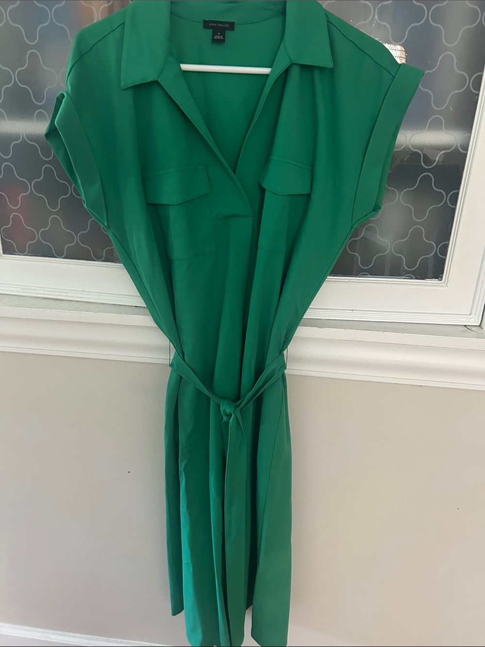 Ann Taylor Emerald Green Midi Shirt Dress with Tie Waist
